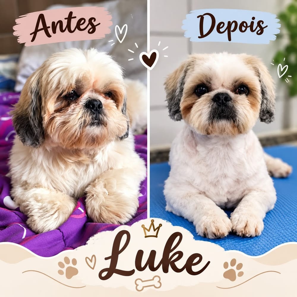Antes e depois do banho e tosa de Luke